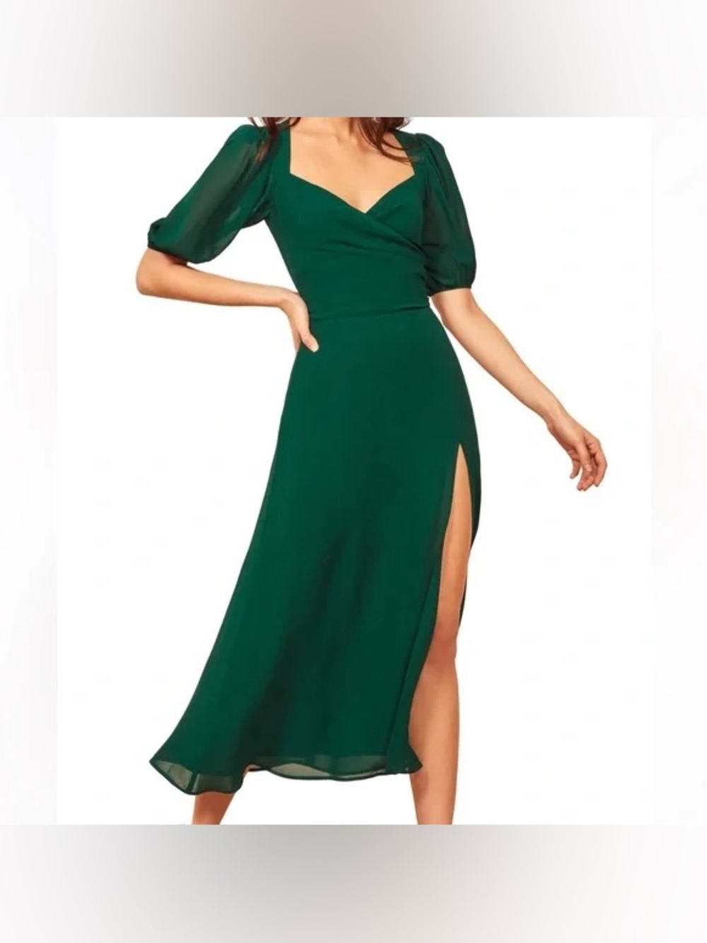 Reformation Emerald Green Midi Dress with Puff Sleeves